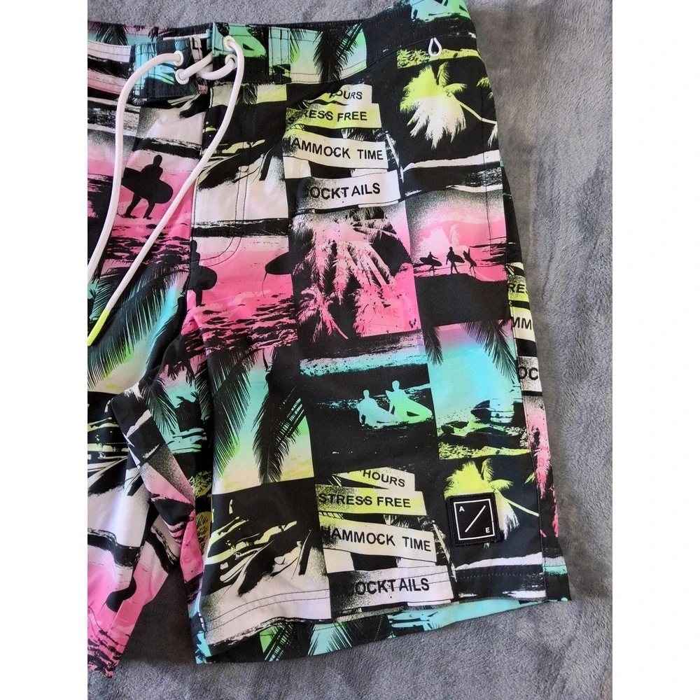 American Eagle Mens Neon Tropical Palm Tree Surfer Board Shorts‎ Swim Trunks L